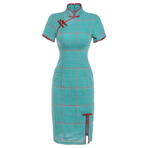 

ethnic clothing traditional women cheongsam slim cotton linen plaid qipao vestidos handmade button robe gown chinese girl evening party dres, Red