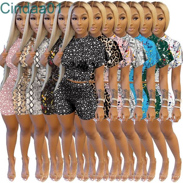 

women tracksuits two pieces set deisgner slim waist closing suit leisure pattern printing short sleeve shorts sportwear 11 colours, Gray