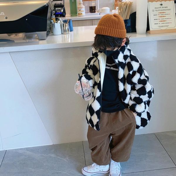 

jackets children's checkerboard plaid coat 2021 winter boys' korean wool sweater baby foreign style plush jacket, Blue;gray
