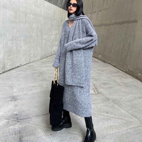 

casual dresses loose women's dress v neck long sleeve thick oversized knitted solid scarf female fashion clothing style v973, Black;gray