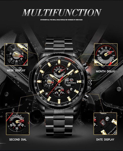 

forsining mechanical watch mens multi-function stainless waterproof complete calendar military automatic watches montre relogio wristwatch, Slivery;brown