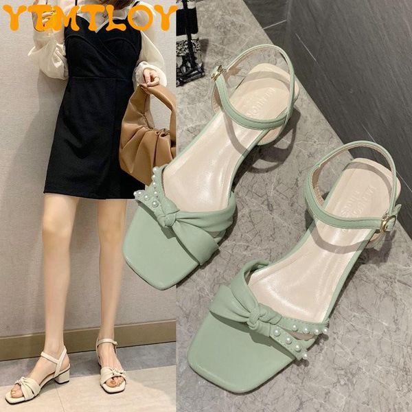 

summer bow thick heel square toe buckle pearl women's shoes sandals, Black