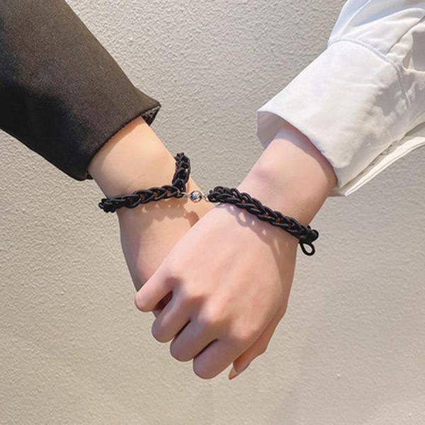 

beaded, strands 2 pcs lovers heart matching friendship bracelet rope braided couple magnetic attractive distance personality jewelry, Black