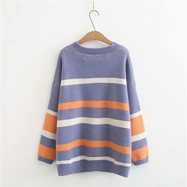 Inverno Autunno s Donna Maglione oversize e pullover Oneck Stripe Maglioni rosa Chic Pull Femme Sweet Heart Kawaii 210430