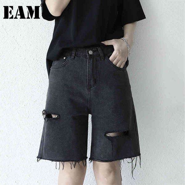 

[eam] high elastic waist black denim burrs hole trousers loose fit pants women fashion spring summer 1dd7631 21512, Blue