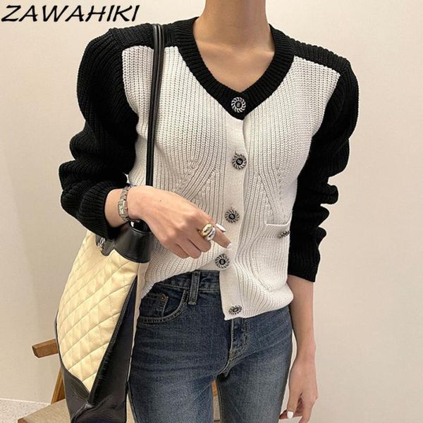 

women's knits & tees zawahiki cardigan vintage fashion sweaters v neck korean long sleeve loose knit contrast color casual sweater, White