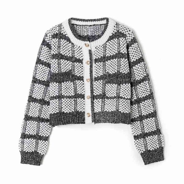 

elegant women o-neck button sweater short coats fashion ladies plaid knitted streetwear female chic pocket blouse 210427, White