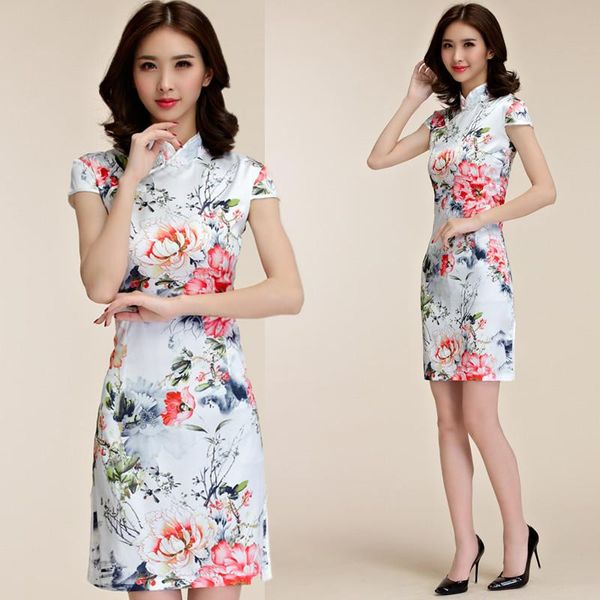 

3xl plus size chinese traditional women peony flower silk cheongsam qipao short party female big midi dress vestidos ethnic clothing, Red