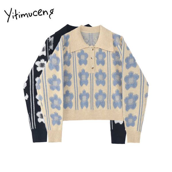 

yitimuceng embroidery floral sweaters for women short style fall winter clothes turn-down collar casual batwing sleeve pullovers 210601, White