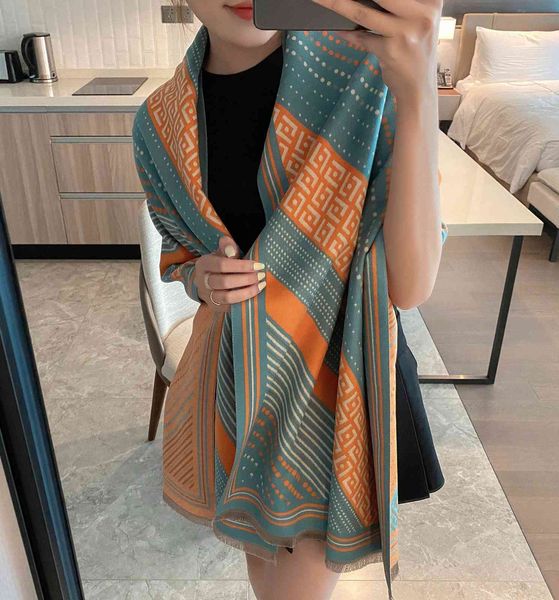 

design 2021 imitation cashmere new autumn and winter geometric jacquard scarf women's dual-purpose air conditioning shawl thickened war, Blue;gray
