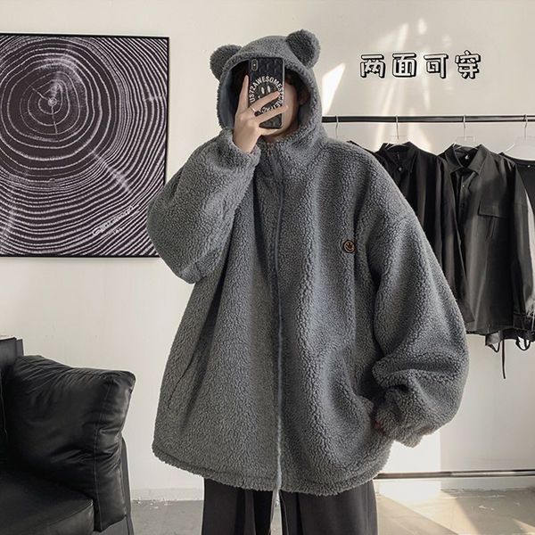 

men's hoodies & sweatshirts and women's wool coat sheep coat, winter, thickened double-sided hoodie, rough style, prepy, Black