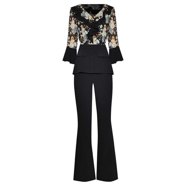 

fashion v-neck ruffled seven point sleeve printed jacket pocket trousers suit 210526, White