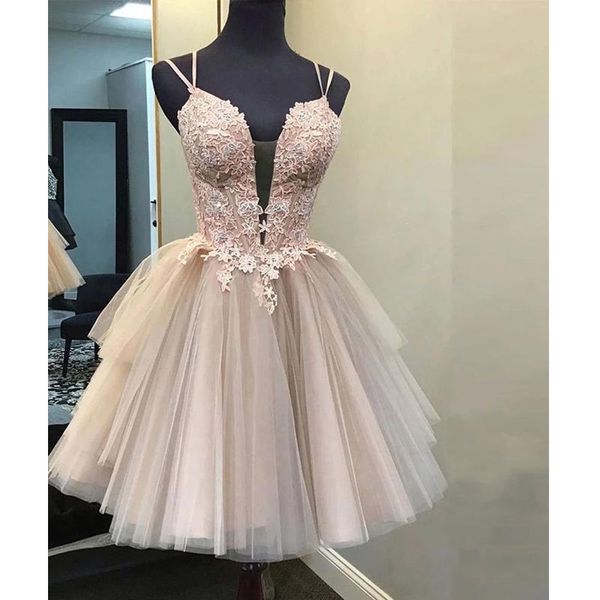 

party dresses pink short deep v neck homecoming 2021 ball gown spaghetti strap applique lace tulle prom pretty summer, White;black