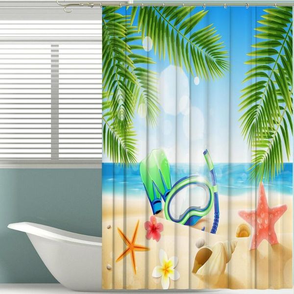 

printed waterproof polyester fabric multicolor shower curtain beach landscape bath products bathroom decor with 12 hooks curtains
