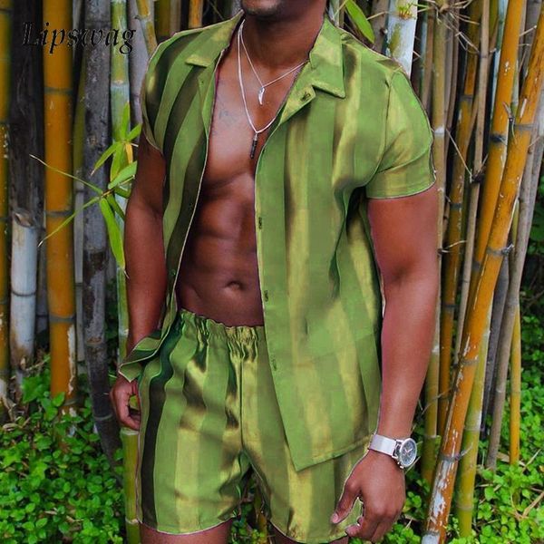 

men's tracksuits casual striped print two piece set outfits men vintage short sleeve shirts+shorts beach suit fashion male soft silk ho, Gray