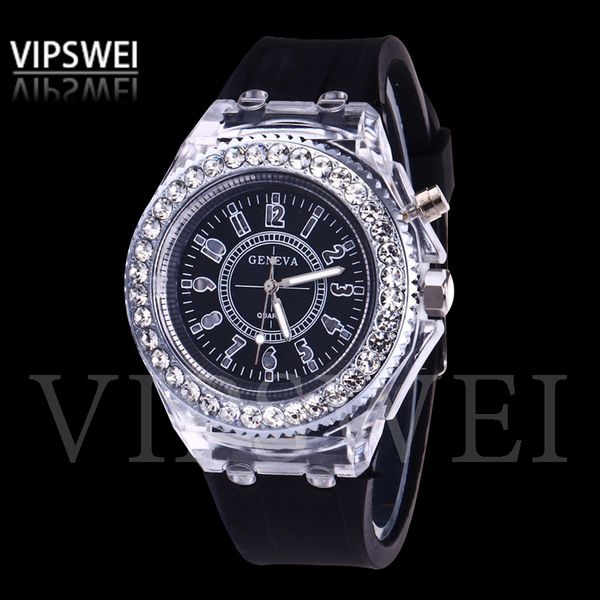 Luminous Diamond Watch USA Modetrend Männer Frau Uhren Liebhaber Farbe LED Light Jelly Silicone Genfer transparentes Schüler Armbanduhr Paar Kinder Geschenk 7045