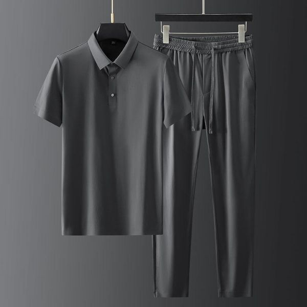 

men's tracksuits brand summer ice silk mens sets (t-shirt+pants) luxury short sleeve sport casual male elastic waist slim fit man suits, Gray