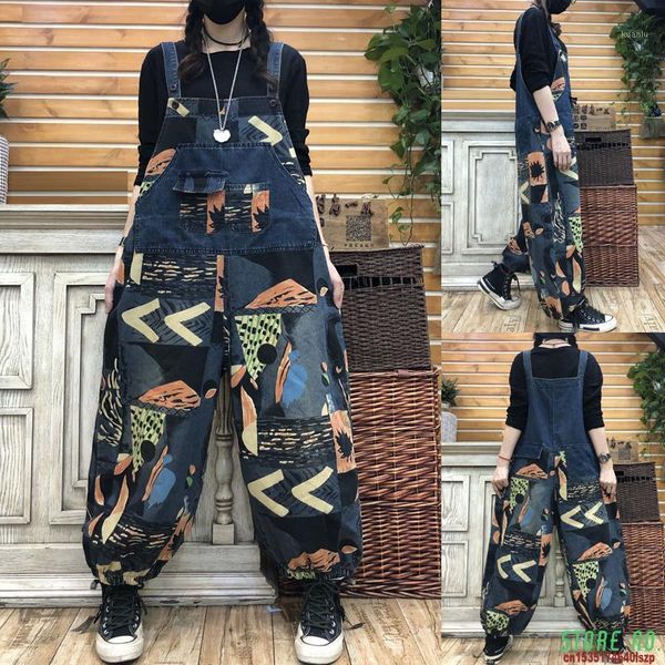 

wide leg jean jumpsuits women plus size suspenders bib denim overalls autumn baggy cowboy rompers printed hip-hop harem jeans women's p, Black;white