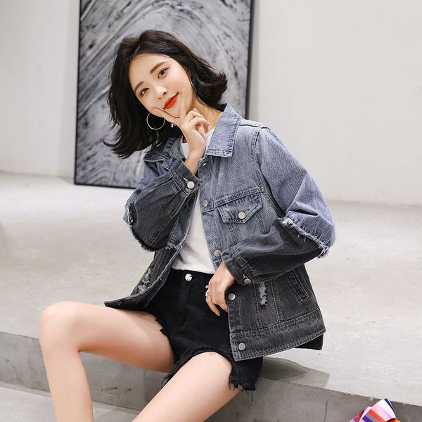 

tracksuits harajuku denim women's long sleeve korean spring big release seam vintage jacket f2960 r278, Gray