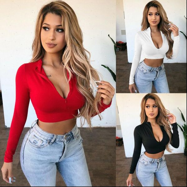 

long sleeve crop women shirt fashion casual solid zip v neck slim fitness female shirts, White
