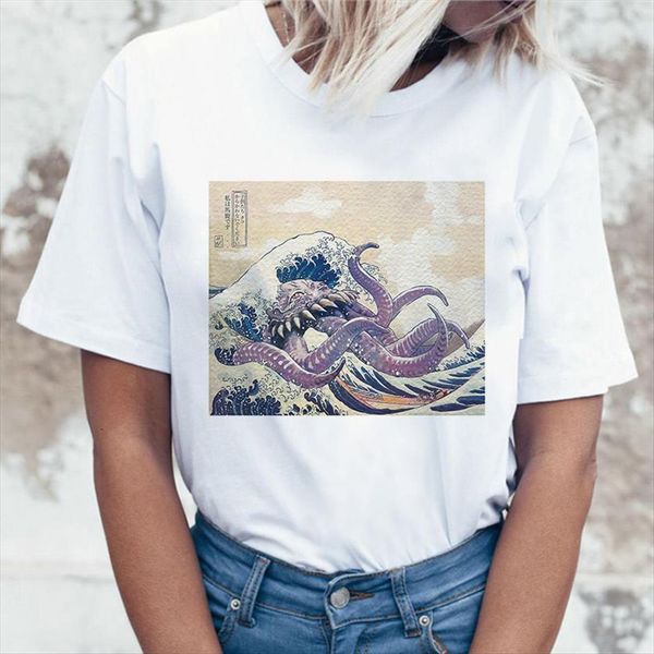 

ulzzang casual short sleeve women t shirt so it is ocean the wave female harajuku camiseta mujer, White