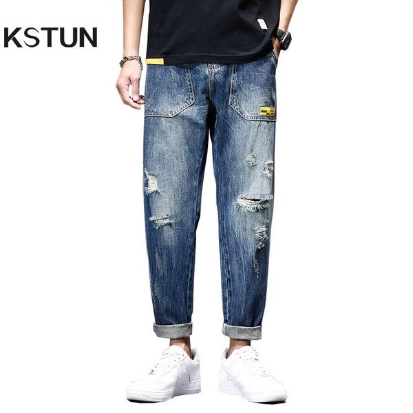

mens jeans ripped baggy spring summer hollow out loose fit distressed trousers men wide leg pants male hip hop oversize 42 men's, Blue