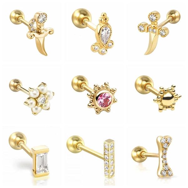 

sterling silver white cz crystal sword stud earrings for women pearl beads bar bone shape piercing ear studs jewelry, Golden;silver