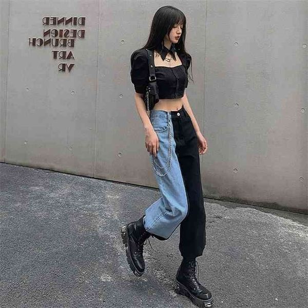 

fashion side covered button slit wide leg denim pants women loose casual streetwear color block patchwork vogue trousers, Blue