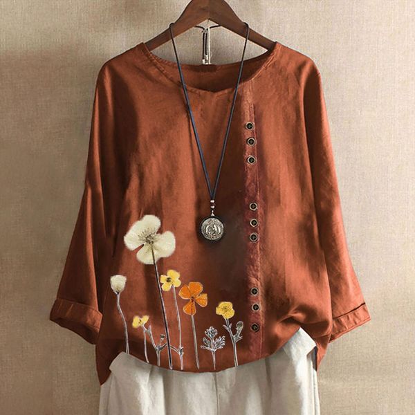 

plus size cotton line casual women blouses floral print long sleeve button o neck loose shirt elegant blouse, White