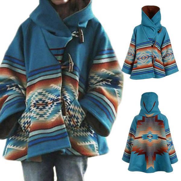 

women's wool & blends women printed hooded coat long sleeve loose overcoat winter coats, Black