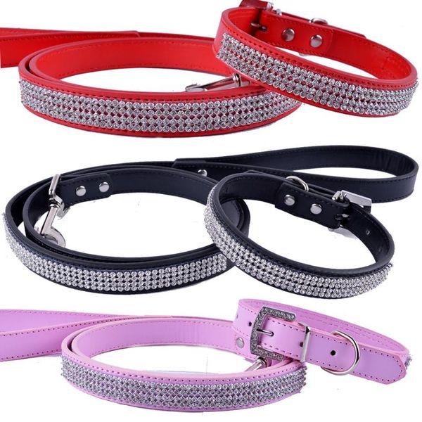 

dog collars & leashes rhinestones collar set leather leash diamante lead red black pink necklace pet supplies