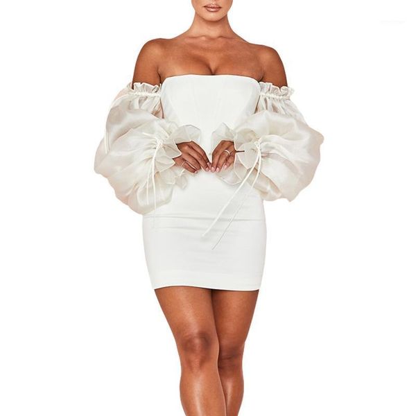 

casual dresses summer female temperament skinny dress solid color boat neck long puff sleeve off shoulder white/black s//l/xl, Black;gray