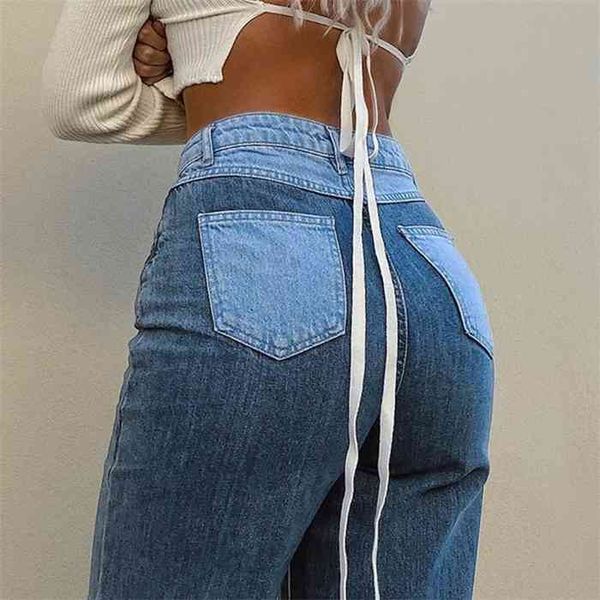 

weekeep patchwork fashion cargo jeans women high waist buttons fly streetwear 90s retro punk straight denim pants, Blue