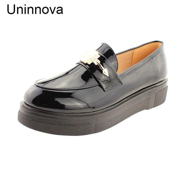 

dress shoes uninnova round toe women crystal strass glossy patent leather wedge pumps med heel court small size 33 plus 43 wp073, Black