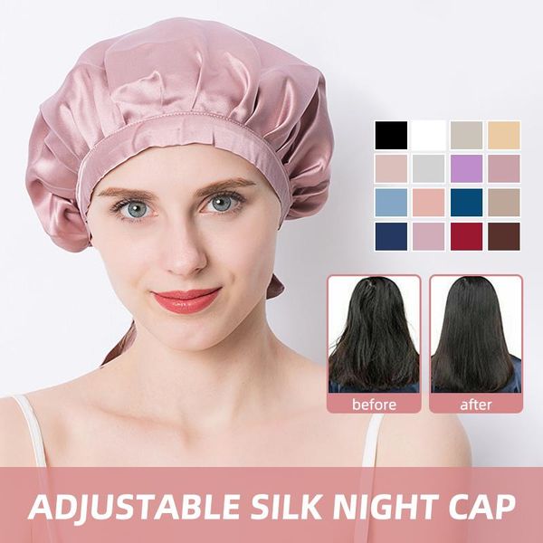 

beanie/skull caps women's adjustable lace-up mulberry silk sleep hair hat care headwrap satin sleeping bonnet night cap, Blue;gray