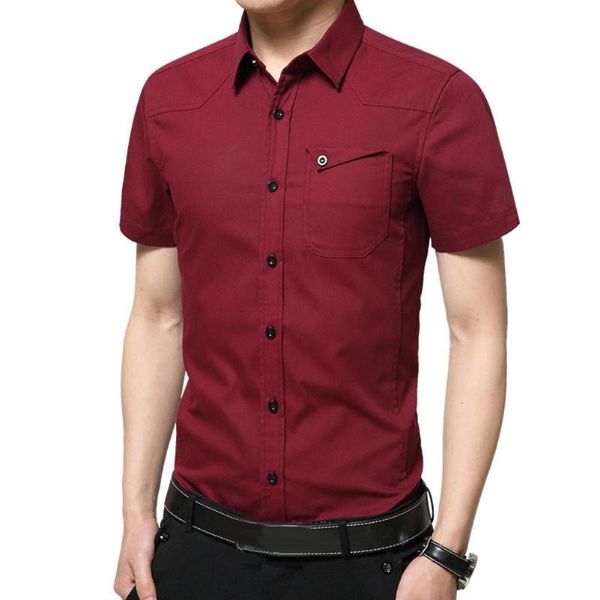 

breathable slim stylish short sleeve tee shirt men solid color turn down collar pockets buttons men's casual shirts, White;black