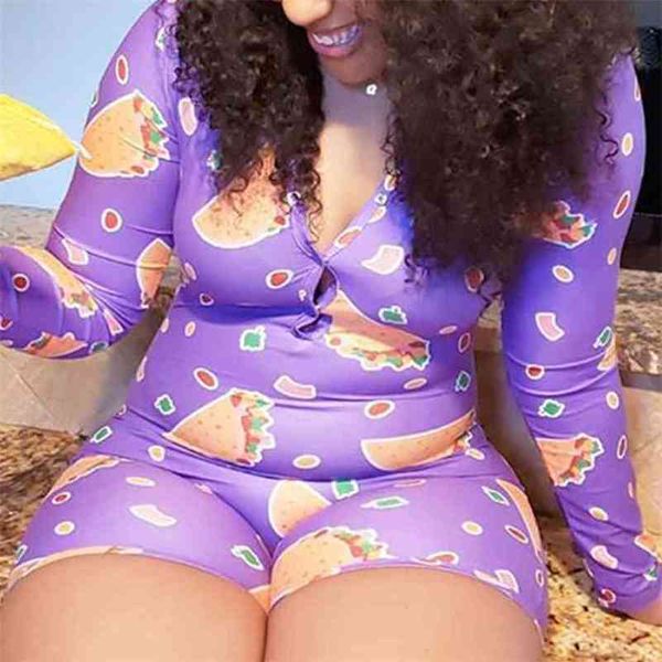 Omsj Hamburgo Imprimir Mulheres Sexy Bodysuit Onesies para Adultos Pajama Manga Longa Sleepwear Senhora Senhora Nightwear Jumpsuit Femme 210517