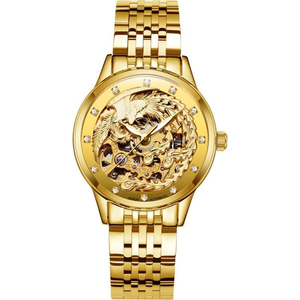 

wristwatches aesop golden skeleton tourbillon watch women automatic mechanical sapphire crystal wrist female clock relogio feminino, Slivery;brown