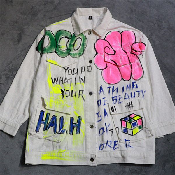 

women's jackets personality letter graffiti print white denim female jacket released wild bf jeans streetwear coat t7kc, Black;brown