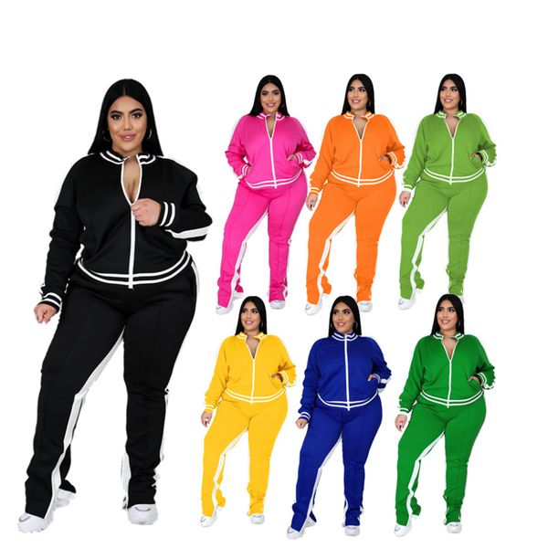 Woman Fall Winer Plus Size Одежда Jogger Suits Black Tracksuits 3XL 4XL 5XL с длинным рукавом Стерние втулки Повседневная куртка + брюки Двух частей набор сплошных больших размеров 5614