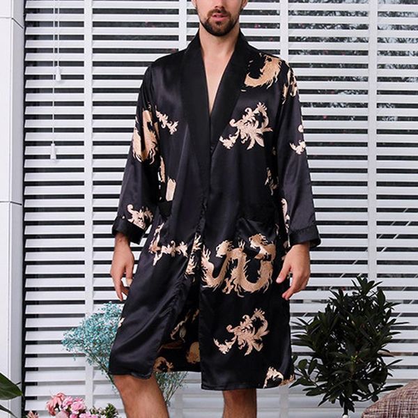 

men's sleepwear men's fashion printed long sleeve home bathrobe night gown plus size one-piece nightgown silk pajamas, Black;brown