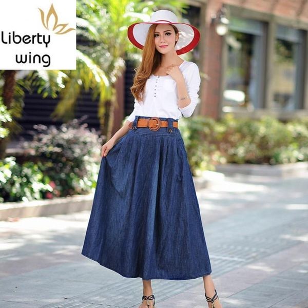 

skirts fashion ankle length women sashes design autumn comfort pleated denim falda loose fit saia plus size 5xl, Black