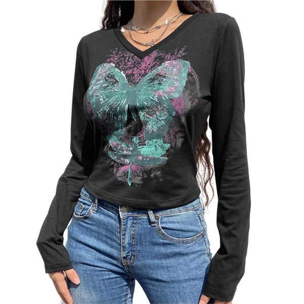 

women's blouses & shirts women round neck exposed navel butterfly print slim fit blouse long sleeve streetwear t-shirt e-girl pullo, White