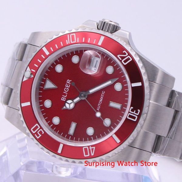 

wristwatches bliger 40mm automatic mechanical mens watch sapphire crystal clock luminous waterproof calendar wristwatch men, Slivery;brown