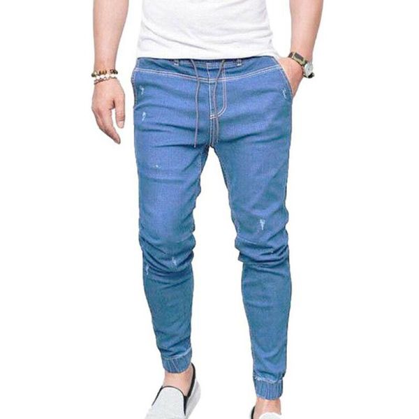 

men's jeans mens solid elastic waist denim pants fashion slim fit casual wear for men drawstring pockets trousers, Blue