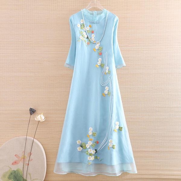 

ethnic clothing high-end summer organza women cheongsam dress retro elegant embroidery 3/4 sleeve a-line lady party qiapao s-xxl, Red