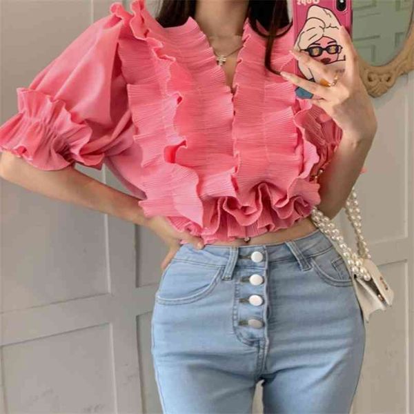 Verão Cascading Ruffles Sexy V-Decote V-Puff Manga Mulheres Doce Sólido Cor Chique Pullover Blouse Top 210519