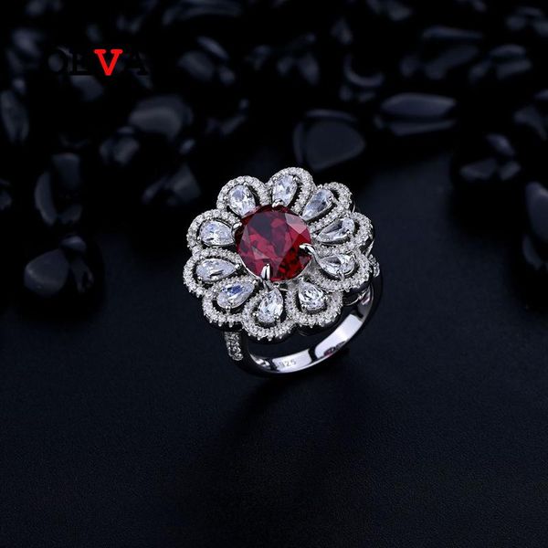

cluster rings oevas 100% 925 sterling silver 9*12mm ruby high carbon diamond flower for women sparkling wedding fine jewelry wholesale, Golden;silver