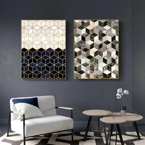 

paintings modern style canvas painting posters abstract geometric black and white cubes with golden lines for home rooms wall decoration