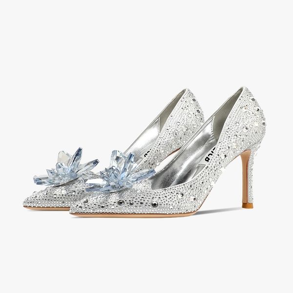 

sandals sier stiletto high heels female spring 2021 rhinestone bridal wedding banquet crystal pointed single shoes large size, Black